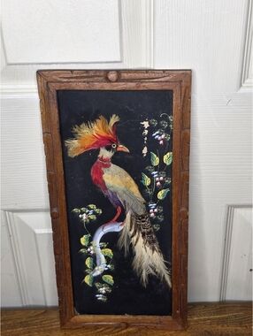 Vintage Mexican Feather Art Bird Carved Wood Frame Mid Century Folk Art 15.5x7.5